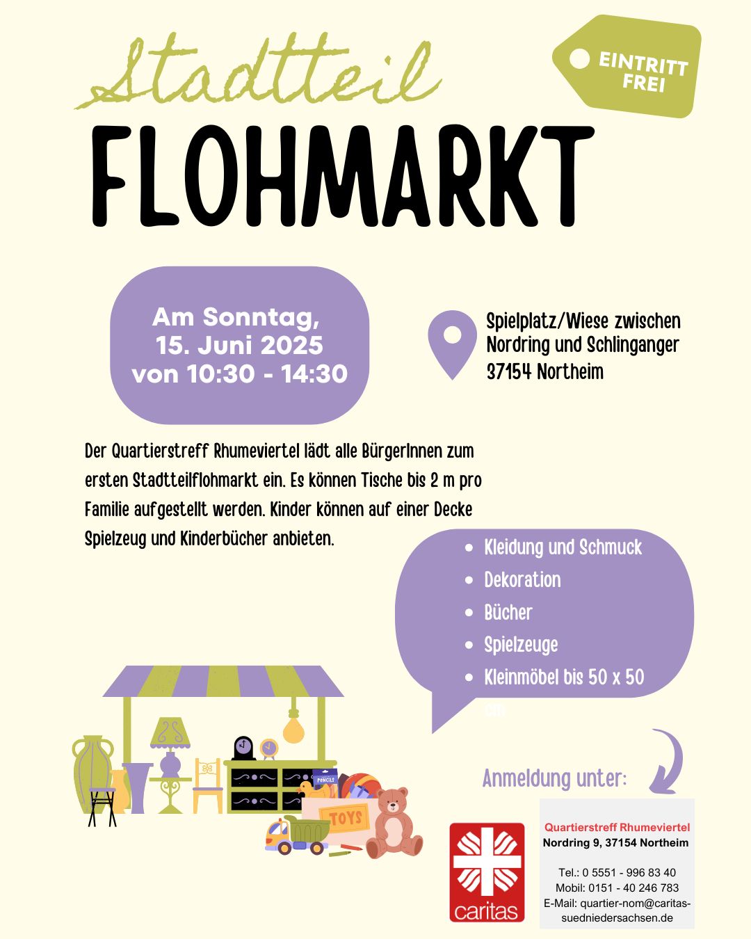 Ankündigung Stadtteilflohmarkt 2025 im Rhumeviertel Norhteim am 15. Juni