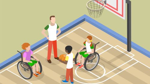Die Grafik zeigt vier Personen beim Basketballspiel, zwei sitzen im Rollstuhl.