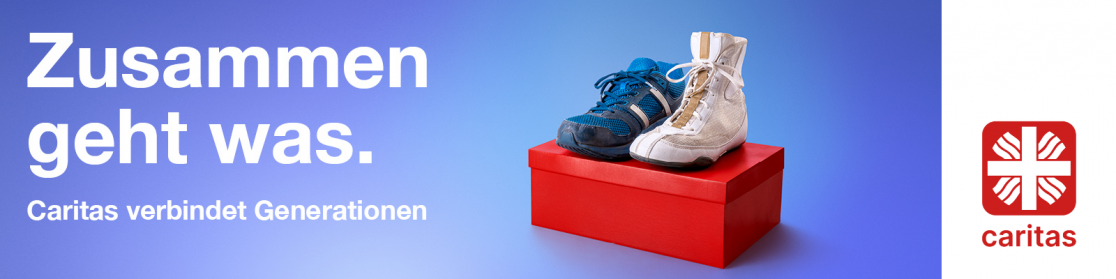 Zusammen geht was: Header in Blau mit zwei Schuhen auf einem Schuhkarton.